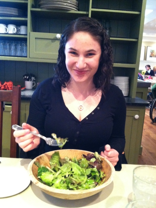 Me, my mona lisa smile, and a gigantic bowl of lettuce leaves. 